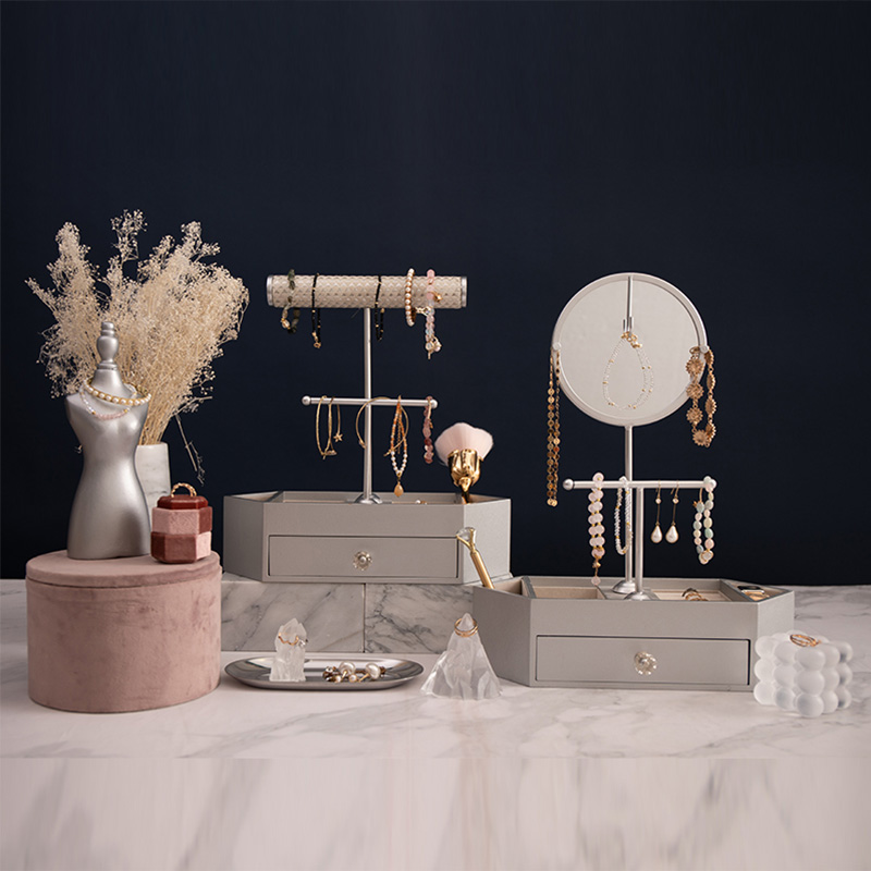 Organizador de joias em forma de T de mesa de madeira organizador de cosméticos com espelho redondo