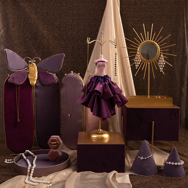 Novo design moda joalheria roxa manequim organizador conjunto suporte de exibição de joias para colar brinco pulseira