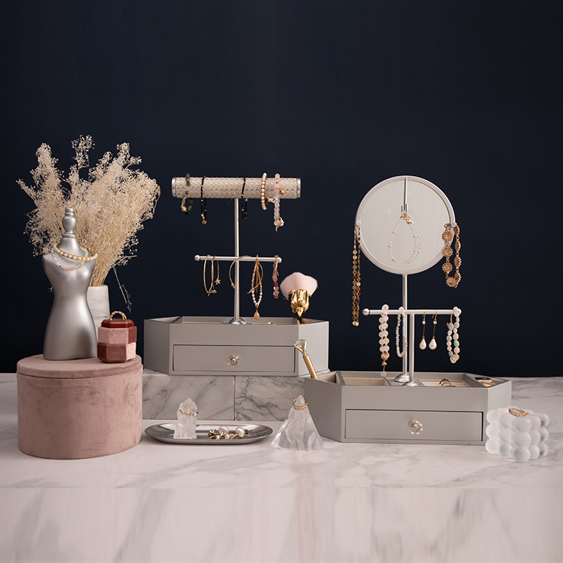 Organizador de joias em forma de T de mesa de madeira organizador de cosméticos com espelho redondo